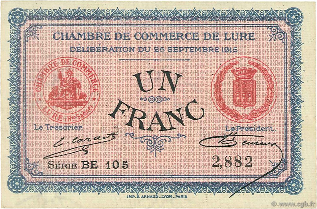 1 Franc FRANCE regionalismo y varios Lure 1915 JP.076.15 MBC a EBC