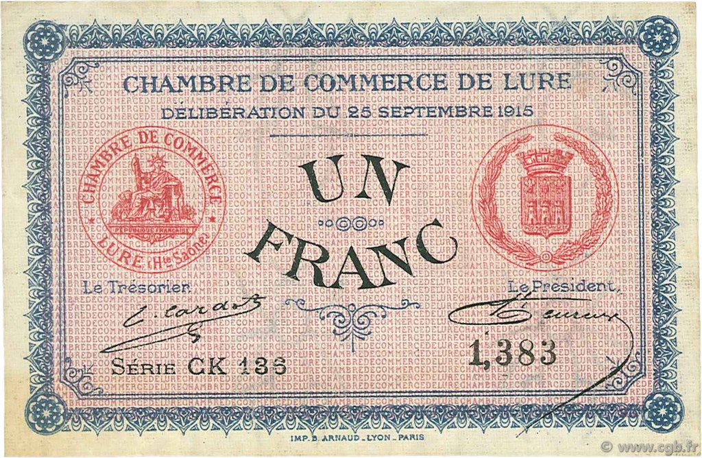 1 Franc FRANCE régionalisme et divers Lure 1915 JP.076.16 TTB à SUP