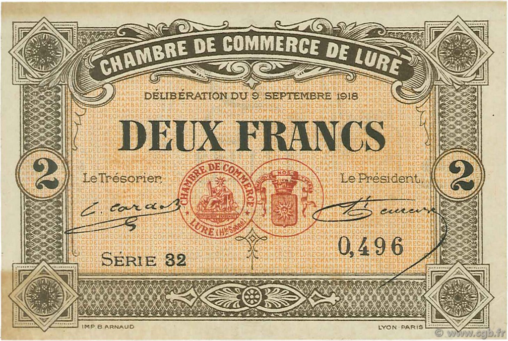 2 Francs FRANCE regionalismo e varie Lure 1918 JP.076.30 BB to SPL