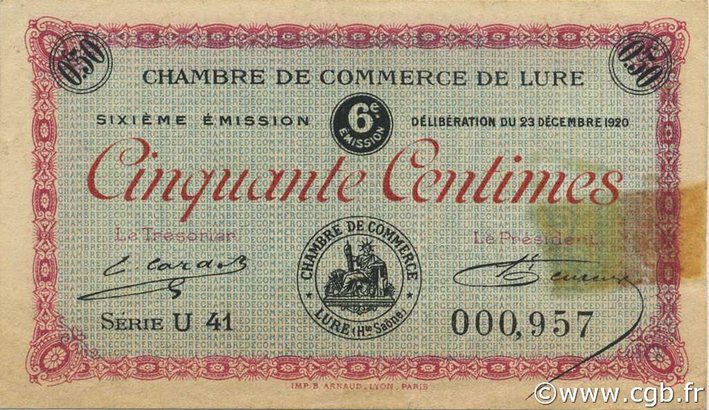 50 Centimes FRANCE Regionalismus und verschiedenen Lure 1920 JP.076.36 SS to VZ