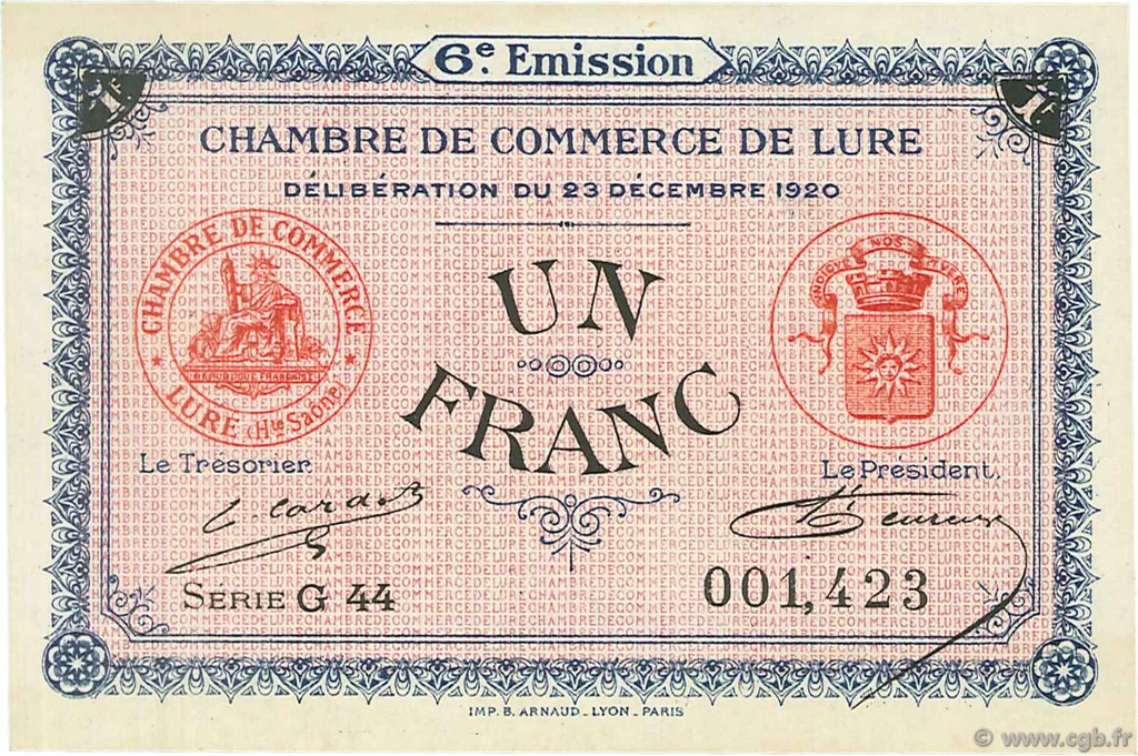 1 Franc FRANCE regionalism and miscellaneous Lure 1920 JP.076.37 AU+