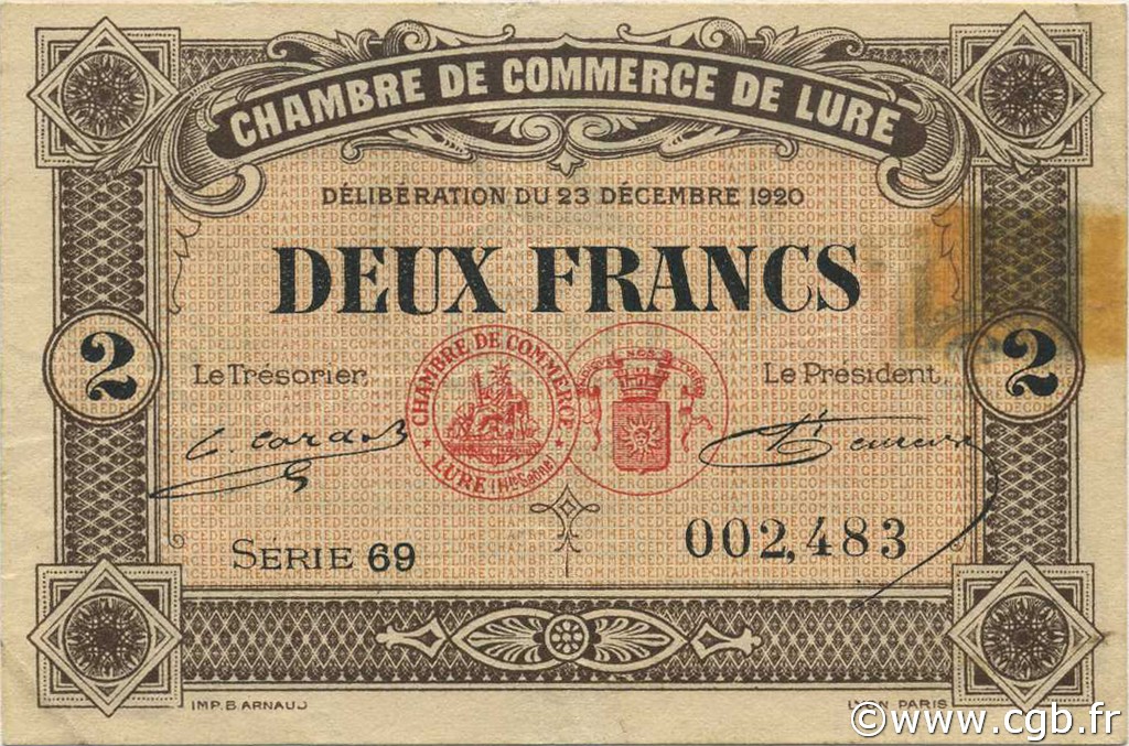 2 Francs FRANCE regionalism and miscellaneous Lure 1920 JP.076.39 VF - XF