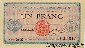 1 Franc FRANCE regionalism and miscellaneous Lyon 1914 JP.077.01 AU+