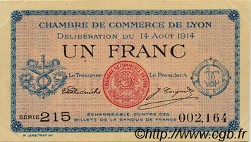 1 Franc FRANCE Regionalismus und verschiedenen Lyon 1914 JP.077.01 SS to VZ