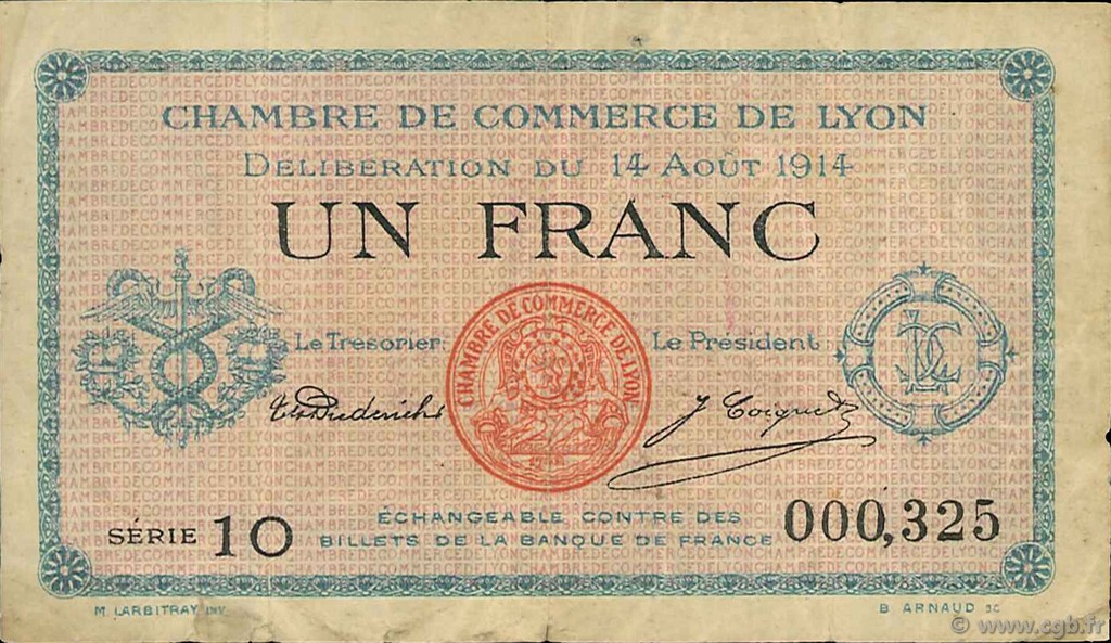 1 Franc FRANCE regionalism and various Lyon 1914 JP.077.01 F