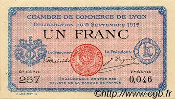 1 Franc FRANCE regionalism and miscellaneous Lyon 1915 JP.077.06 AU+