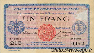 1 Franc FRANCE Regionalismus und verschiedenen Lyon 1915 JP.077.06 SS to VZ