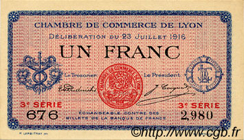 1 Franc FRANCE regionalism and miscellaneous Lyon 1916 JP.077.10 AU+