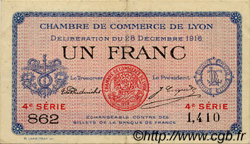 1 Franc FRANCE Regionalismus und verschiedenen Lyon 1916 JP.077.13 SS to VZ
