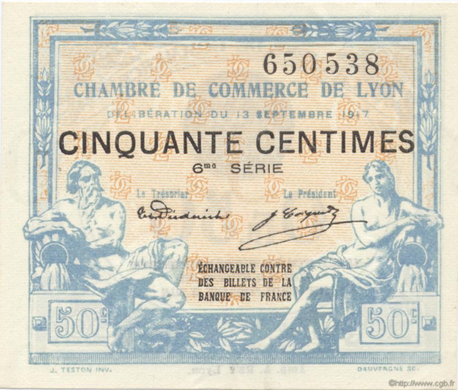 50 Centimes FRANCE regionalism and various Lyon 1917 JP.077.14 AU+
