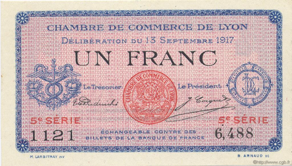 1 Franc FRANCE regionalism and various Lyon 1917 JP.077.15 AU+