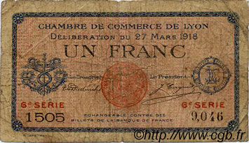 1 Franc FRANCE regionalismo y varios Lyon 1918 JP.077.17 BC