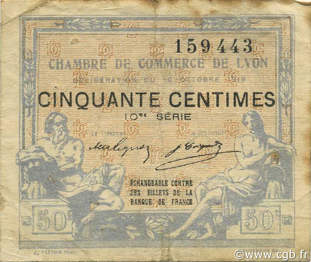 50 Centimes FRANCE regionalism and various Lyon 1919 JP.077.18 F