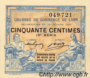 50 Centimes FRANCE regionalism and various Lyon 1920 JP.077.20 AU+