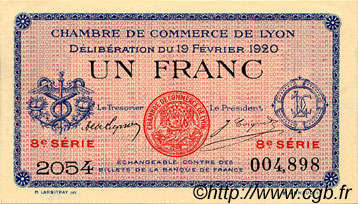 1 Franc FRANCE regionalism and miscellaneous Lyon 1920 JP.077.21 AU+
