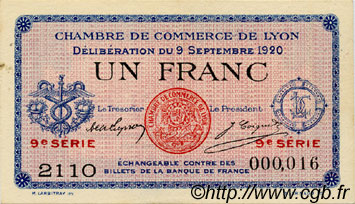 1 Franc FRANCE regionalism and miscellaneous Lyon 1920 JP.077.23 AU+