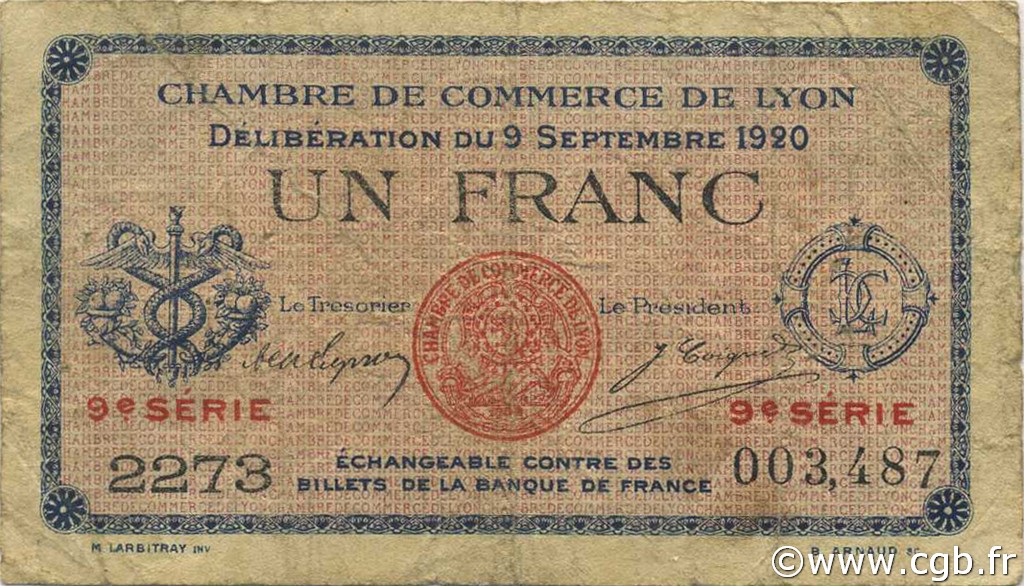 1 Franc FRANCE régionalisme et divers Lyon 1920 JP.077.23 TB