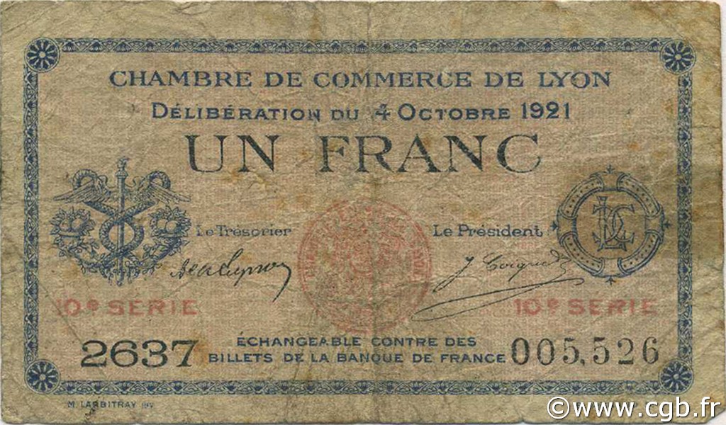 1 Franc FRANCE Regionalismus und verschiedenen Lyon 1921 JP.077.25 S