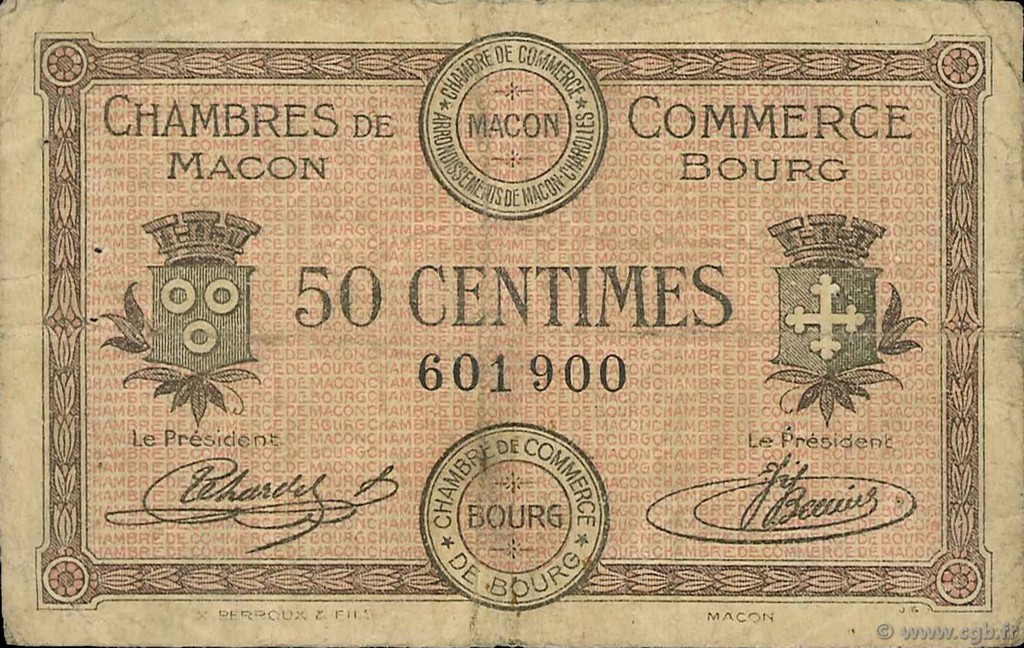 50 Centimes FRANCE Regionalismus und verschiedenen Macon, Bourg 1915 JP.078.01 S