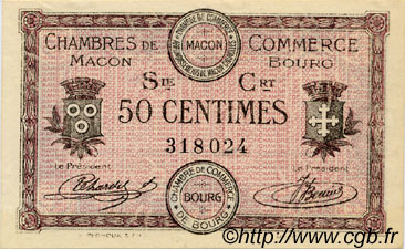50 Centimes FRANCE regionalism and various Macon, Bourg 1915 JP.078.07 AU+