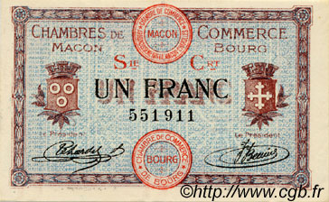 1 Franc FRANCE regionalism and various Macon, Bourg 1915 JP.078.08 AU+