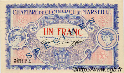 1 Franc Spécimen FRANCE Regionalismus und verschiedenen Marseille 1917 JP.079.71 fST to ST