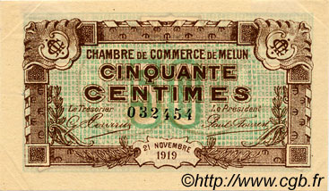50 Centimes FRANCE Regionalismus und verschiedenen Melun 1919 JP.080.07 SS to VZ