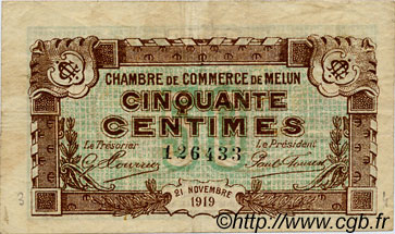 50 Centimes FRANCE régionalisme et divers Melun 1919 JP.080.07 TB