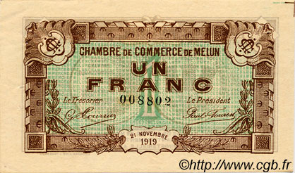 1 Franc FRANCE Regionalismus und verschiedenen Melun 1919 JP.080.08 SS to VZ