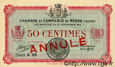 50 Centimes Annulé FRANCE regionalism and miscellaneous Mende 1917 JP.081.02 AU+