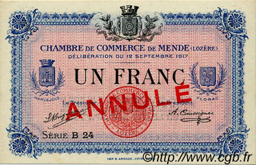 1 Franc Annulé FRANCE regionalismo e varie Mende 1917 JP.081.04 AU a FDC