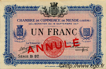 1 Franc Annulé FRANCE regionalism and various Mende 1917 JP.081.04 VF - XF