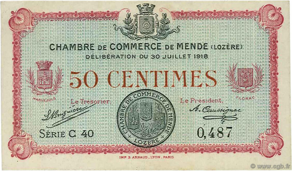 50 Centimes FRANCE regionalismo y varios Mende 1918 JP.081.05 MBC a EBC