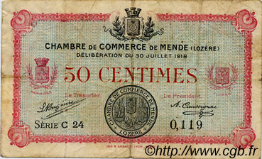 50 Centimes FRANCE regionalismo y varios Mende 1918 JP.081.05 BC