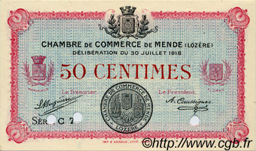 50 Centimes Spécimen FRANCE regionalismo e varie Mende 1918 JP.081.06 AU a FDC