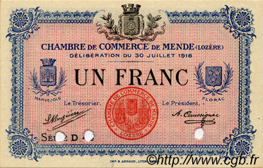 1 Franc Spécimen FRANCE Regionalismus und verschiedenen Mende 1918 JP.081.08 fST to ST