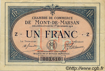 1 Franc FRANCE regionalism and various Mont-De-Marsan 1914 JP.082.05 VF - XF