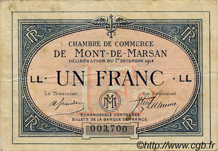 1 Franc FRANCE Regionalismus und verschiedenen Mont-De-Marsan 1914 JP.082.07 S