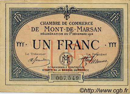 1 Franc FRANCE regionalism and various Mont-De-Marsan 1914 JP.082.08 VF - XF