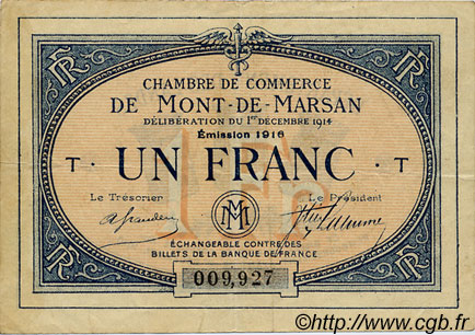 1 Franc FRANCE Regionalismus und verschiedenen Mont-De-Marsan 1914 JP.082.15 SS to VZ