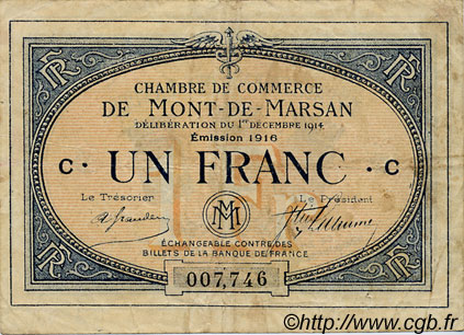 1 Franc  FRANCE régionalisme et divers Mont-De-Marsan 1914 JP.082.15 TB