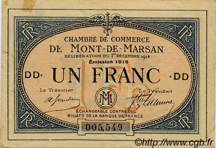 1 Franc FRANCE Regionalismus und verschiedenen Mont-De-Marsan 1914 JP.082.16 SS to VZ