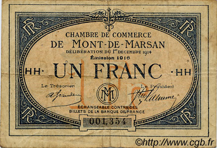 1 Franc FRANCE regionalism and various Mont-De-Marsan 1914 JP.082.16 F