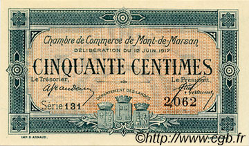 50 Centimes FRANCE regionalism and various Mont-De-Marsan 1917 JP.082.18 AU+