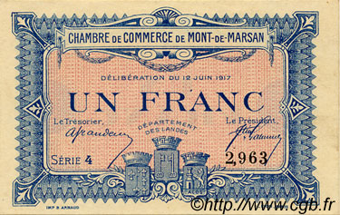 1 Franc FRANCE regionalismo e varie Mont-De-Marsan 1917 JP.082.21 AU a FDC