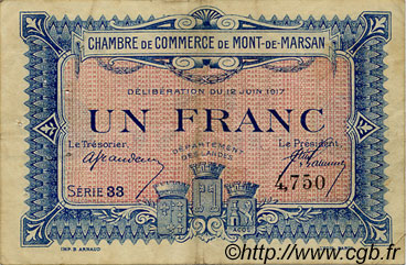 1 Franc FRANCE Regionalismus und verschiedenen Mont-De-Marsan 1917 JP.082.21 S