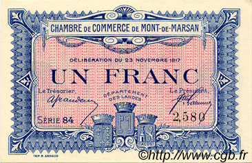 1 Franc FRANCE regionalism and various Mont-De-Marsan 1917 JP.082.28 AU+