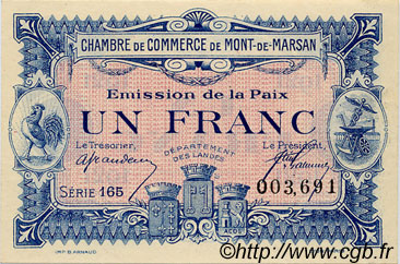 1 Franc FRANCE regionalismo e varie Mont-De-Marsan 1918 JP.082.32 AU a FDC