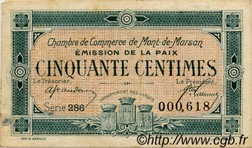 50 Centimes FRANCE regionalismo y varios Mont-De-Marsan 1921 JP.082.34 MBC a EBC