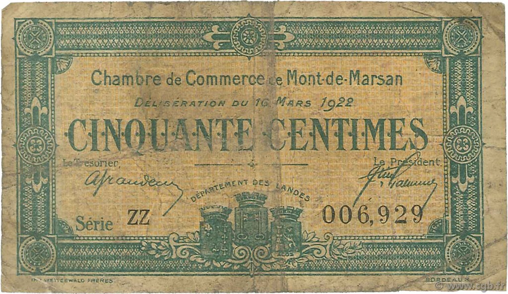 50 Centimes FRANCE regionalismo e varie Mont-De-Marsan 1922 JP.082.38 MB